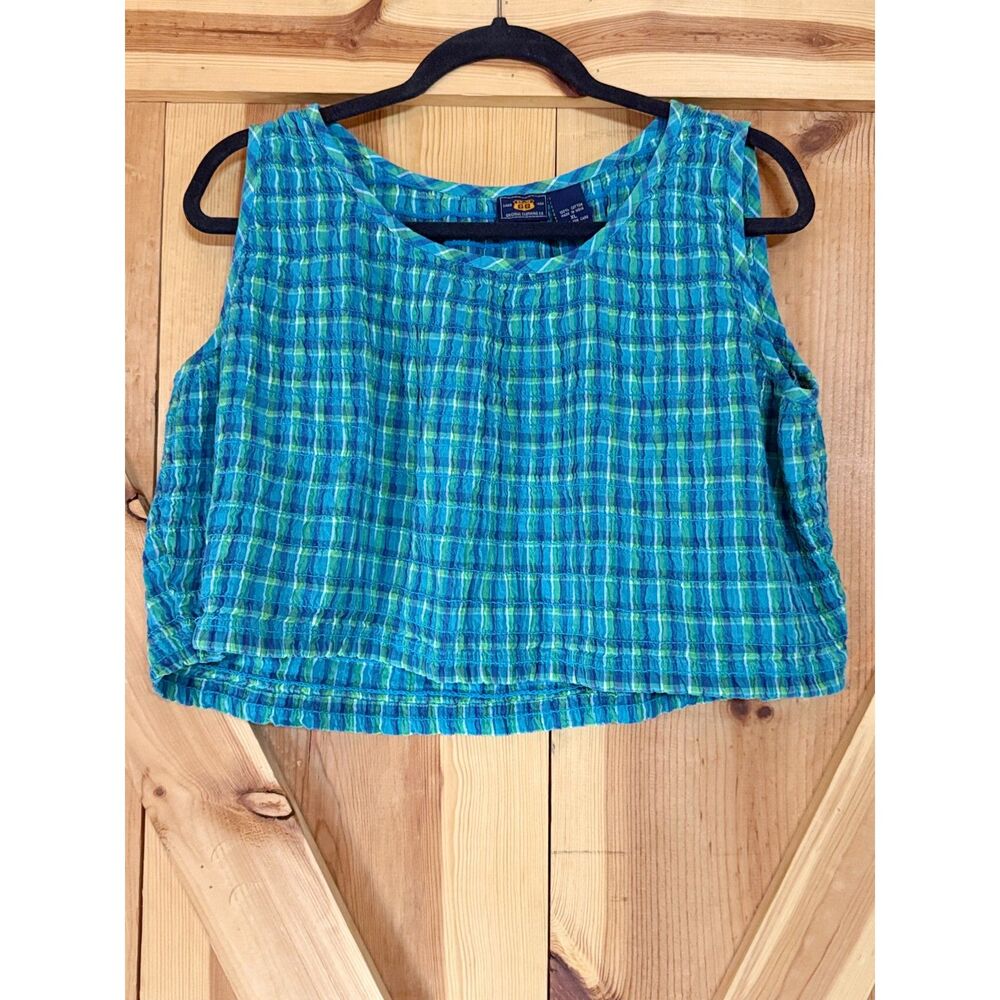 Route 66 90s/Y2K Retro 100% Cotton Green Blue Plaid Smocked Crop Top Boho Sz XL